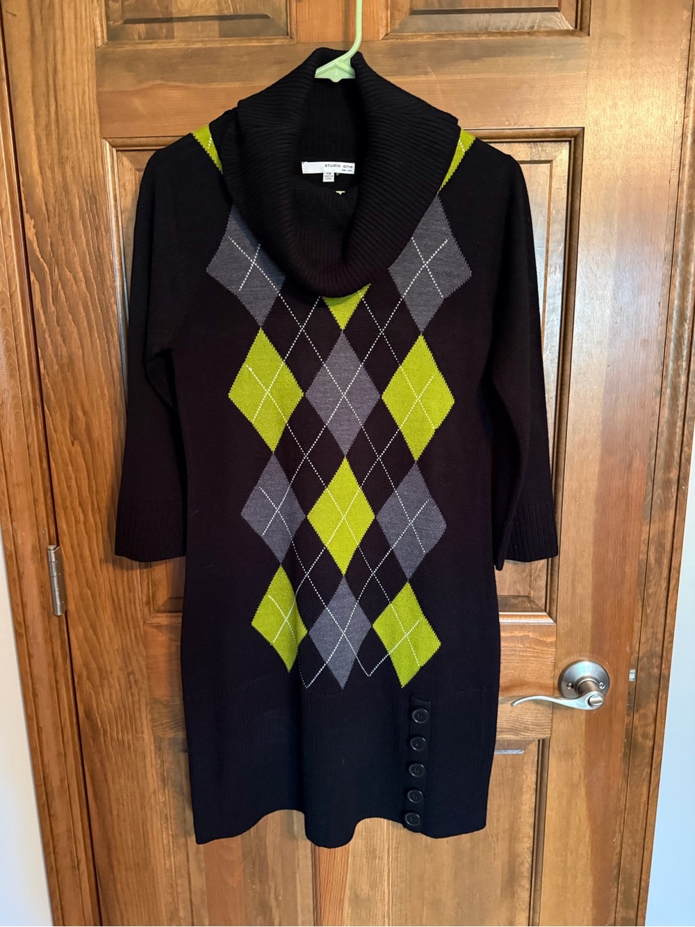 Studio One Black Cowl-Neck Argyle Sweater Dress with Lime Accents